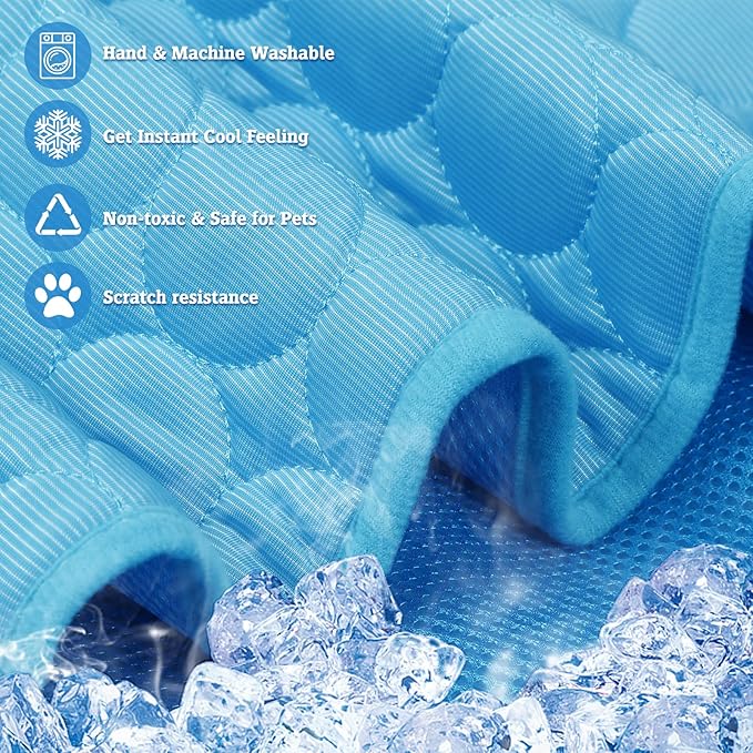 Washable Dog Cooling Mat Ice Silk Cooling Mat for Dogs Pet Self Cooling Pad Blanket Dog Cool Pad for Indoor & Outdoor Car Seats (Blue, 20x16 in)