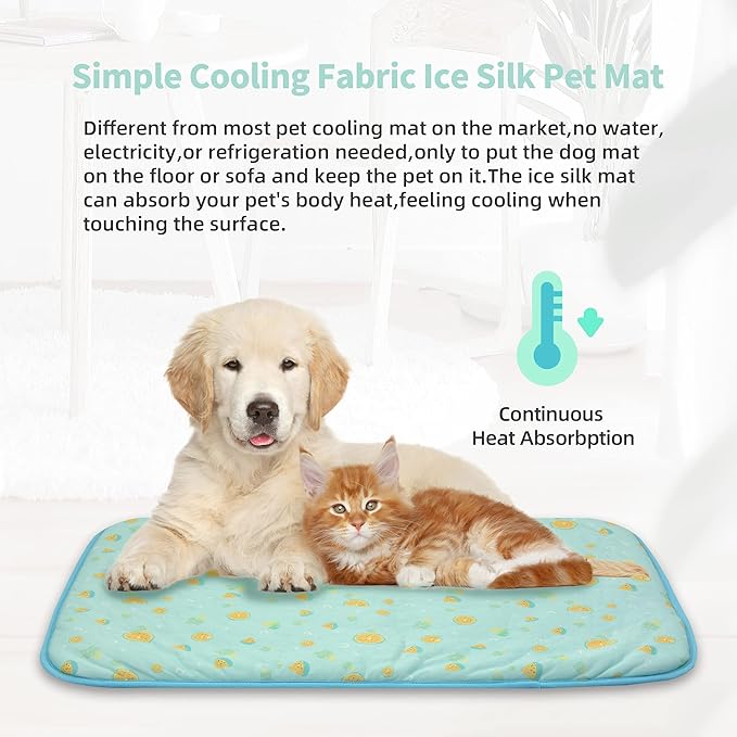Pet Cooling Mat -20’’ X 16’’ Ice Silk Cooling Mat for Dogs & Cats Portable & Washable Pet Cooling Blanket, Car Seats, Beds for Summer (Green Fruit, Small)